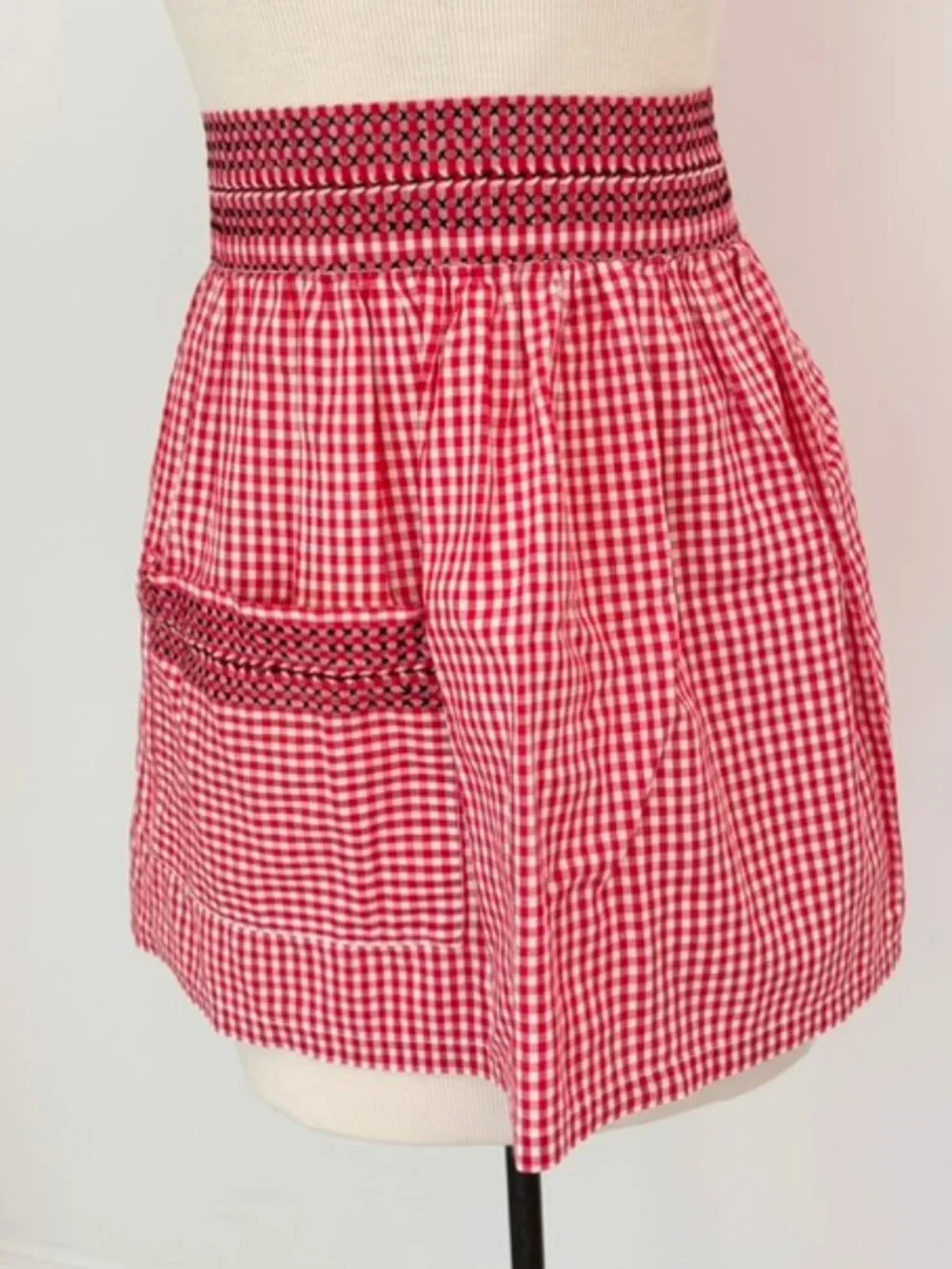 Vintage red and white gingham waist apron with cross stitch